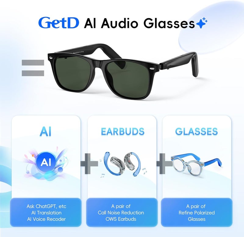 GetD نظارات بلوتوث للرجال/النساء، مترجم ذكي، عمر بطارية 11 ساعة، عدسات مستقطبة، حماية من الأشعة فوق البنفسجية، تحكم صوتي، ميكروفون ومكبرات صوت مدمجة، نظارات ذكية للألعاب والاجتماعات والسفر - Image 2